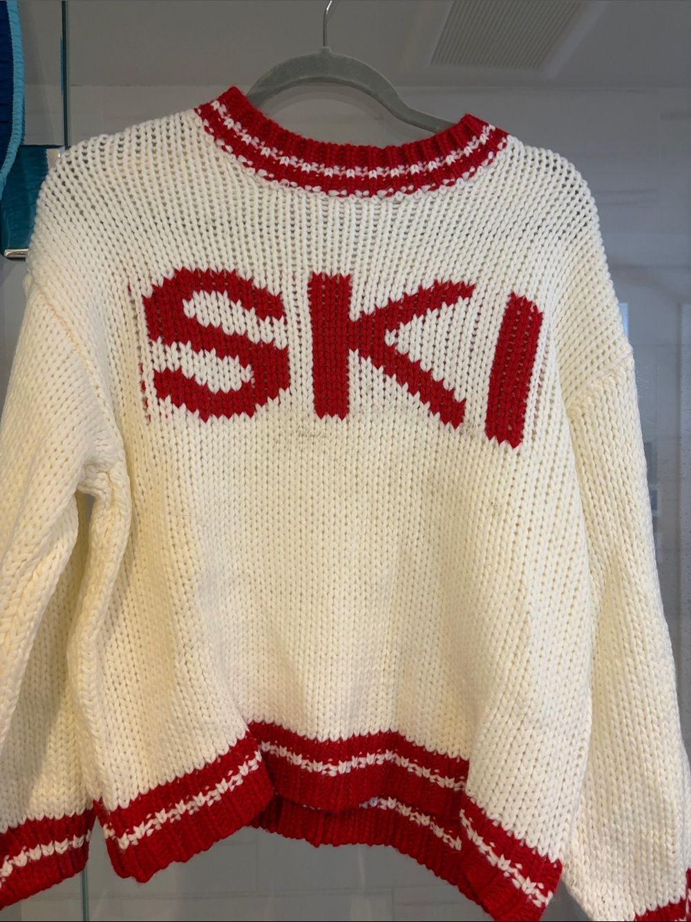 Anthropologie Cream and Red 'SKI' Chunky Knit Crewneck Sweater